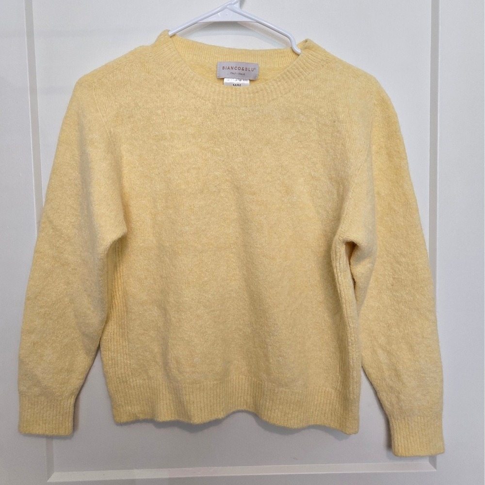 Bianco & Blu Italy Pale Yellow Wool Blend Fuzzy Crew Neck Sweater Womens Medium